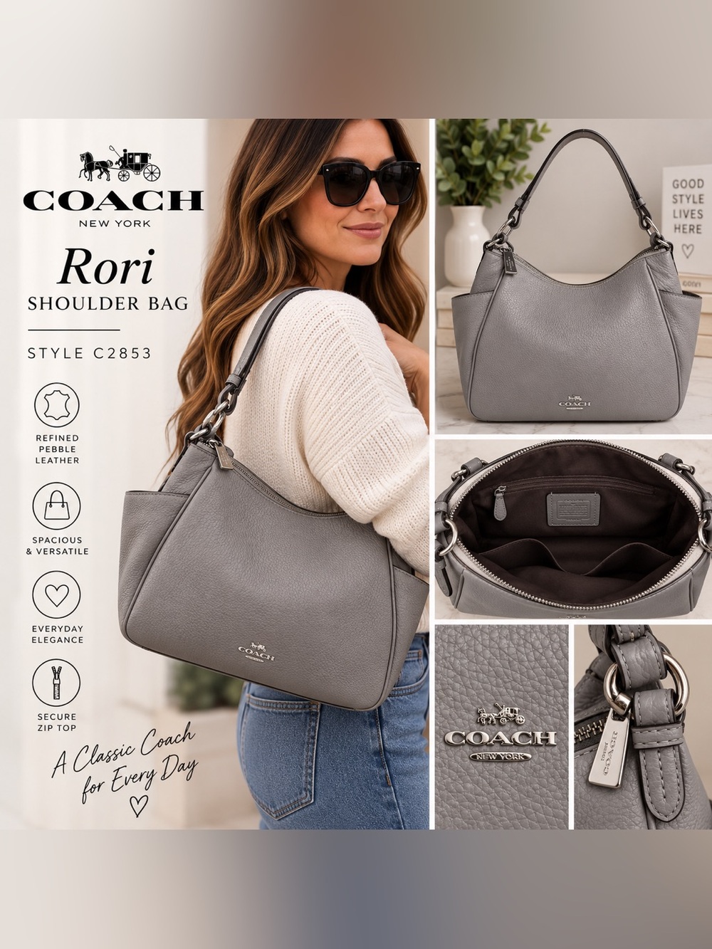 Coach Rori Shoulder Bag C2853 Granite Gray Pebble Leather